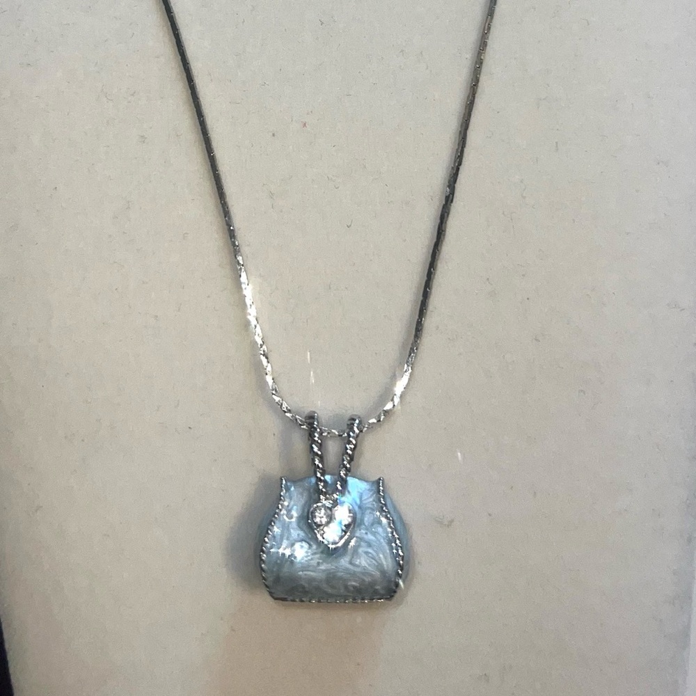 Sparkling Handbag Charm Necklace Silver Tone Blue Enamel Heart‎ Accent
